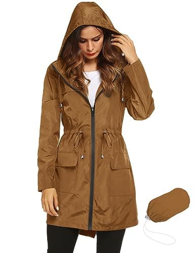 LOMON Women's Lightweight Hooded Raincoat Active Waterproof Outdoor Hiking Jacket Waist Drawstring Brown XL