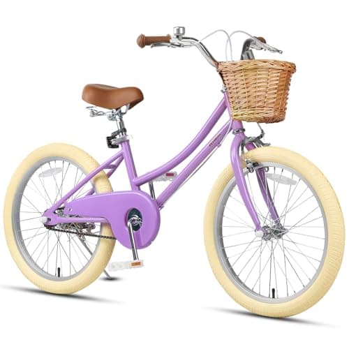 Petimini 20 Inch Girls Bike for Age 6 7 8 9 Years Old Big Kids Retro Vintage Style Bicycles with Basket Dual Hand Brake and Bell, Purple
