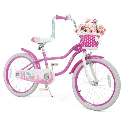 Olakids Kids Bike, 12 14 16 18 20 Inch Mermaid Theme Girls Bicycle with Basket Adjustable Seat and Handlebar Dual Brake (20 Inch, Rose)