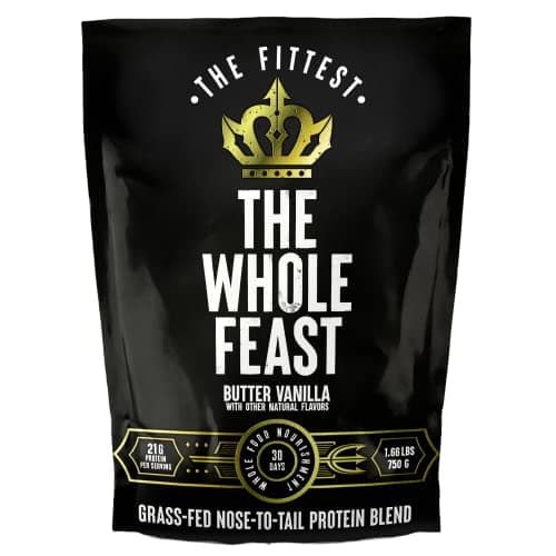 The Fittest Whole Feast Beef Protein Powder - Butter Vanilla - Grass Fed Nose to Tail Carnivore Blend Including Liver, Colostrum and Whole Bone - BCAAs - 14g Collagen - 21g Total Protein