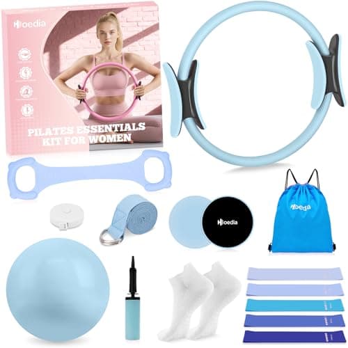 Hoedia Pilates Kit for Women, Pilates Equipment Ring and Ball Set with Resistance Bands, Yoga Strap, Core Sliders, Socks, Bag & Guide for Starter Home Workout Fitness Gym Essentials, Blue