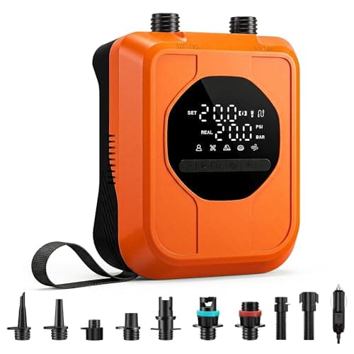 12V Car-Powered Paddle Board Pump, Electric SUP Pump with Auto-Off, Dual-Stage Fast Inflation to 20 PSI, Inflate/Deflate Air Pump with 7 Nozzles for Paddle Boards, Kayaks & Inflatables