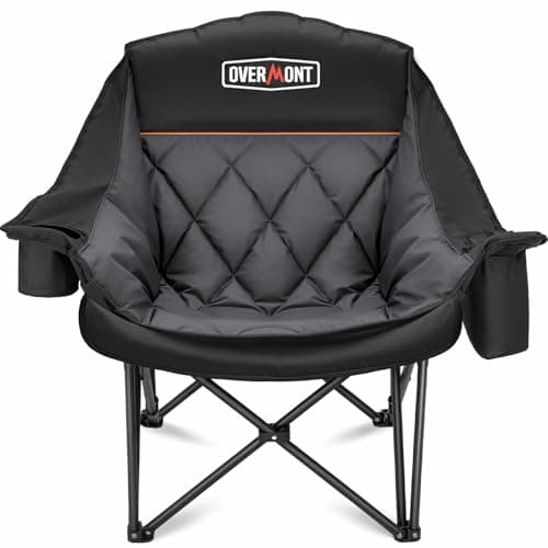 Overmont Oversized XL Camping Chair for Adults - 500lbs Support Heavy-Duty Padded Folding Chair with Side Pocket Cup Holder Cooling Bag for Outdoor Sports Garden Beach Fishing Lawn Black