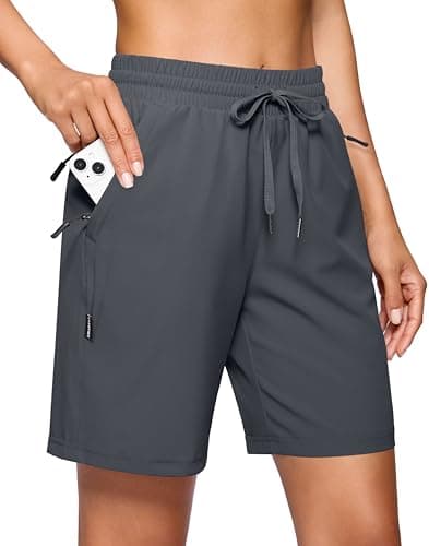 SANTINY Women's 7''/ 9'' Hiking Shorts with 3 Zipper Pockets Lightweight Quick Dry Long Athletic Golf Shorts for Women Casual (Dark Grey_L)