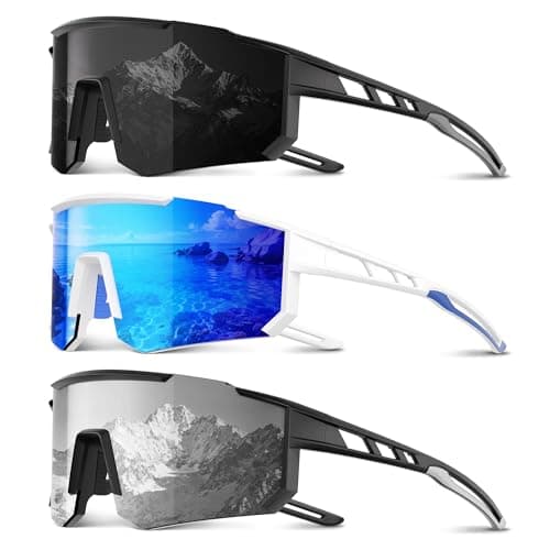 Foliful 3 Pack Polarized Sports Sunglasses Men Women, Running Mens Sunglasses UV Protection for Baseball Cycling Fishing, Grey/Ice Blue/White