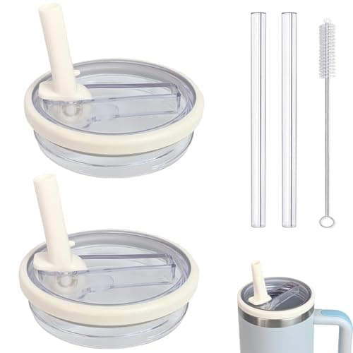 40 oz Tumbler Lid Replacement Leak Proof Spill Proof Flip Straw for Stanley Lid, 40oz Cup Lid (2 Pack Beige)