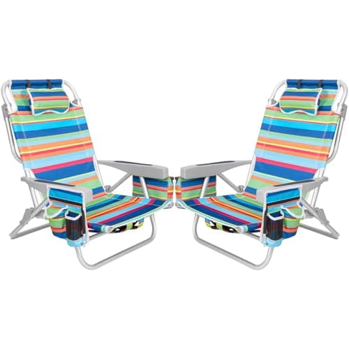 2Pk Aluminum Extra Wide 5-Position Lay Flat Folding Backpack Beach Chairs for Adults, with Cooler Bag, Cup&Phone Holder, Towel Bar for Outdoor Lawn Picnic Sport, Portable Camping Chairs, Multi Stripes