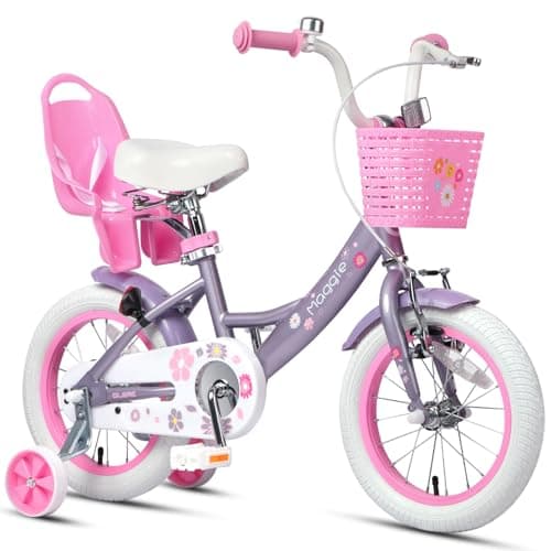 Glerc Maggie Girls Bike, 14 Inch Kids Bike for 3-5 Years Old Children, Princess Style Kids Bicycle with Doll-Seat & Basket & Training Wheels, Purple