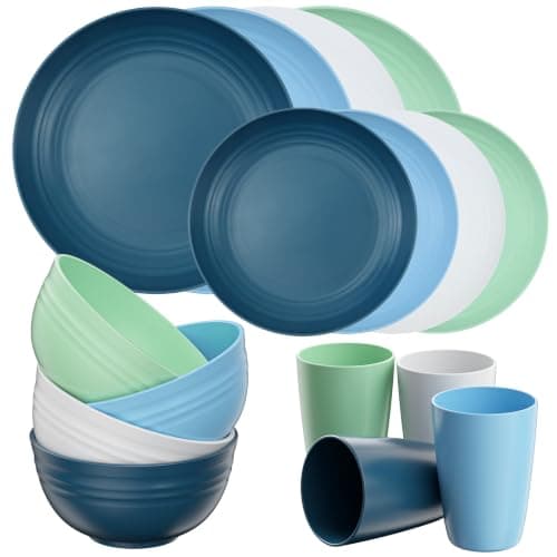 Quatish 16 Piece Plates and Bowls Sets for 4, Unbreakable Dinnerware Sets, Plastic Dish Set for Camping, Dishwasher Microwave Safe, Outdoor Kitchen and Apartment Dorm Dinning RV Essentials, Blue