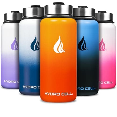 HYDRO CELL Stainless Steel Insulated Water Bottle with Straw - For Cold & Hot Drinks - Metal Vacuum Flask with Screw Cap and Modern Leakproof Sport Thermos for Adults (Red/Orange 32oz)