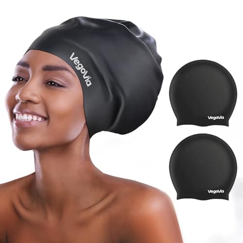VegoVia 2 Pack Large Swim Cap for Braids, Waterproof Silicone Swimming Cap for Women Men Adult Long Hair to Keep Hair Dry