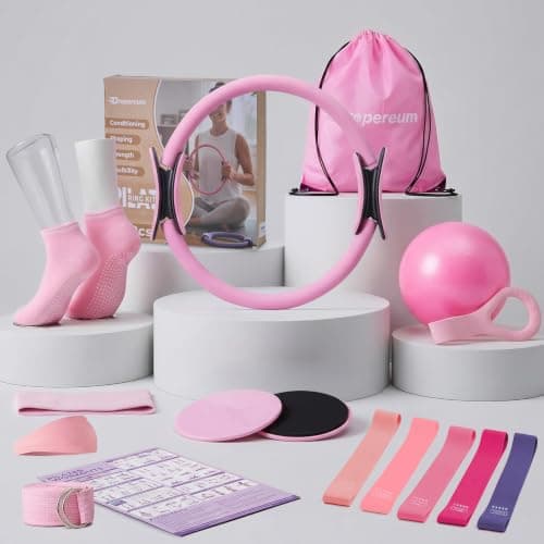 Pilates Kit for Women, 16PCS Home Pilates Workout Kit for Beginners, Pilates Ring Set with Exercise Ball, Resistance Bands, Stretch Strap & Accessories, Full Body Fitness Equipment for Home Gym,Travel