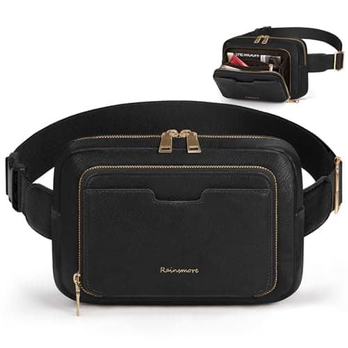 RAINSMORE Fanny Packs for Women, Leather Belt Bag Waterproof Everywhere Crossbody Waist Pack with Adjustable Strap Retro Sling Chest Bag for Work Running Travel Party, Black