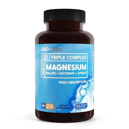 BioEmblem Triple Magnesium Complex | 300mg Magnesium Glycinate, Malate & Citrate | High Absorption Chelated Formula | Vegan, Non-GMO, Gluten-Free | 90 Capsules