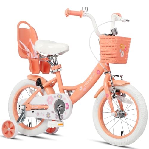 Glerc Maggie Girls Bike, 14 Inch Kids Bike for 3-5 Years Old Children, Princess Style Kids Bicycle with Doll-Seat & Basket & Training Wheels, Peach