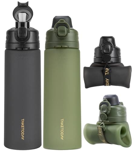 TakeToday Collapsible Water Bottles 21oz (2 pack), Foldable Platinum Silicone Travel Water Bottle with Straw & Carry Strap, Leak-Resistant Screw Lid, Wide Mouth, BPA-Free for Hiking, Flights