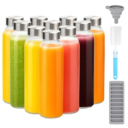 Zukro Glass Water Bottles with Lids 18 oz, 10 Pack Reusable Juice Bottles With Stainless Steel Airtight Cap for Juicing, Leak Proof Clear Drinking Jar Beverage storage container for Fridge, BPA Free