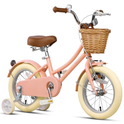 Glerc Little Molly 14 Inch Kids Bike, Retro Cruiser Girls Bike for Children Ages 3-5 Years Old, Kids Bicycle with Wicker Basket & Training Wheels, Peach