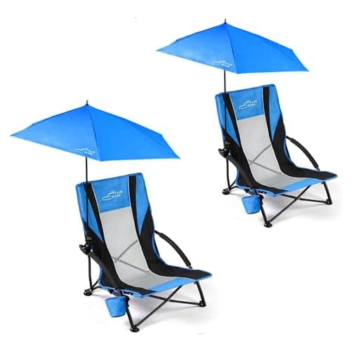 FAIR WIND 2 Pack Beach Chair with Adjustable Umbrella for Adults Portable Backpack Folding Sand Chair with Mesh Back, Cup Holder& Carry Bag for Coastal Vacations, Poolside,Park Concerts,Support 300LBS