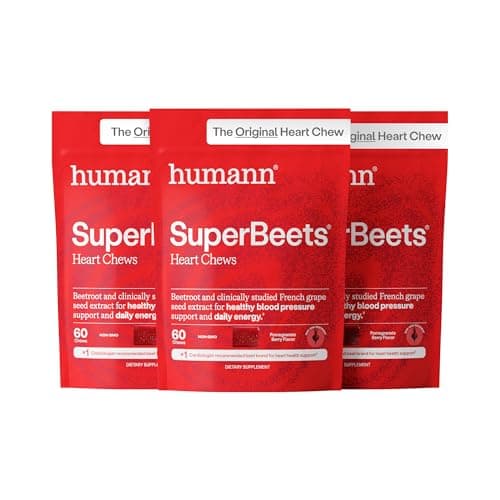 HumanN SuperBeets Heart Chews, Beet Root Powder Support Energy Supplement, Nitric Oxide and Blood Pressure Support, Grape Seed Extract & Non-GMO, Heart Health, Pomegranate Berry Flavor, 180 Count