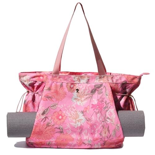 ESVAN Yoga Tote Bag for Women Drawstring Canvas Shoulder Bags for Workout Travel Carryall Pilates Gym and Beach (Pink)