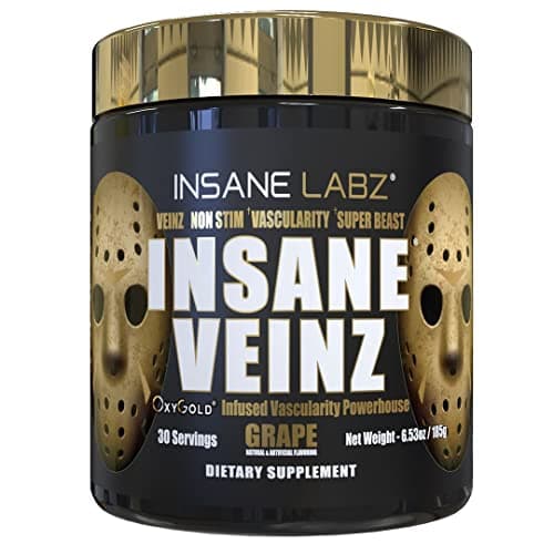 Insane Labz Insane Veinz Gold, Nitric Oxide Non Stimulant pre Workout Powder, Loaded with Hydromax, Nitrosigine, Increases Vascularity and Blood Flow, 30 Srvgs, Grape