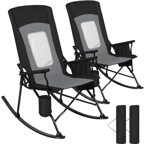 Romswi 2 Pack Rocking Camping Chair for Adult 400LBS Capacity, Heavy Duty Folding Rocking Chairs, Portable Outdoor Rocker with High Back & Hard Armrests for Camping, Beach, Patio, Backyard, Mesh Black