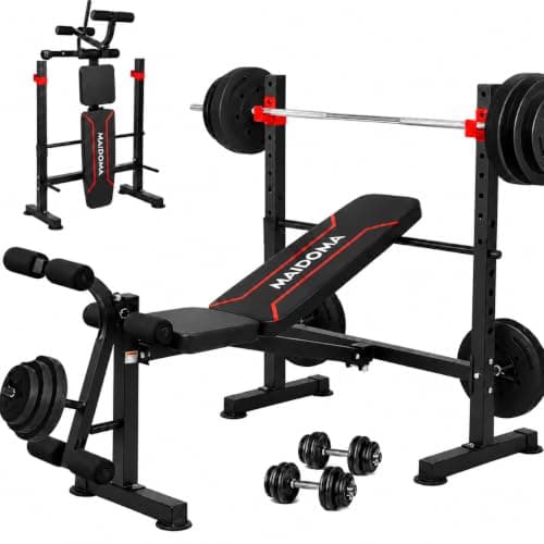 MAIDOMA Standard Weight Bench Set with Leg Extension and Leg Curl, Adjustable Bench Press with Squat Rack, Foldable Flat Incline Decline Workout Bench for Home Gym Full Body (US Stock)