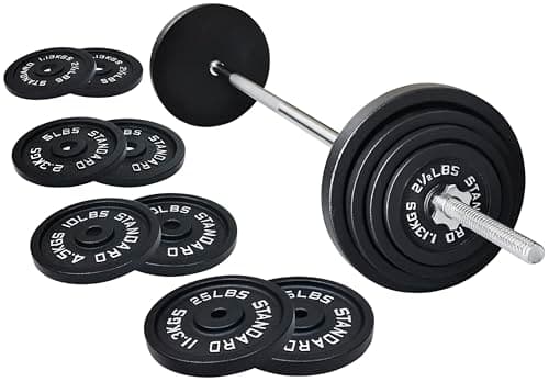 Fitvids 1 Inch Standard Barbell Weight Plates and Bar Set, 5 FT Barbell Bar and 85 LB(2.5-25 LB) Barbell Weight Set for Home Gym Strength Training, Deep Grip Edge