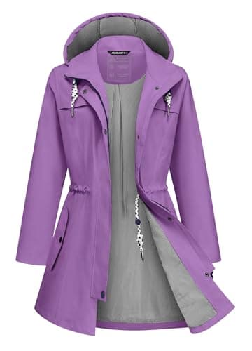 ATLASLAVA Rain Jacket Women Waterproof Long Lightweight Raincoat Hooded Windbreaker Outdoor Trench Coat Purple XL