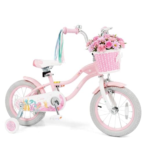 Olakids Kids Bike, 12 14 16 18 20 Inch Mermaid Theme Girls Bicycle with Training Wheels Basket Adjustable Seat and Handlebar Dual Brake (14 Inch, Pink)