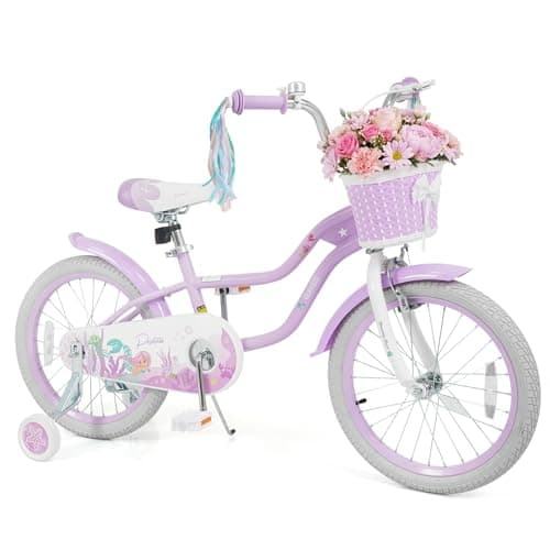 Olakids Kids Bike, 12 14 16 18 20 Inch Mermaid Theme Girls Bicycle with Training Wheels Basket Adjustable Seat and Handlebar Dual Brake (18 Inch, Purple)