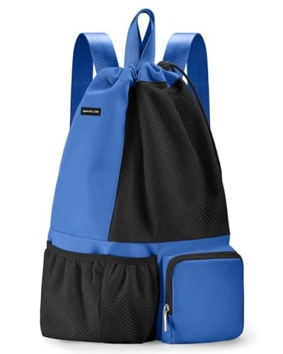 BAVELOE Swim Bag with Wet Pocket, Mesh Drawstring Backpack for Beach, Swimming, Snorkeling, Pool, Gym for Women Men (Blue)