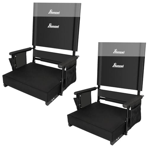 Romswi 2-Pack Stadium Seat with Height Adjustable High Back & Lumbar Support, 3" Thick Bleacher Chairs with 2 Height Adjustments, Armrests & Cup Holders, Comfortable & Portable, Black