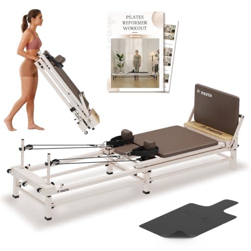 PAETA Pilates Reformer, 86" Foldable Reformer Pilates Machine with Adjustable Reformer Heights, Pilates Equipment with Music Wire Spings and Jump Boards(Brown)