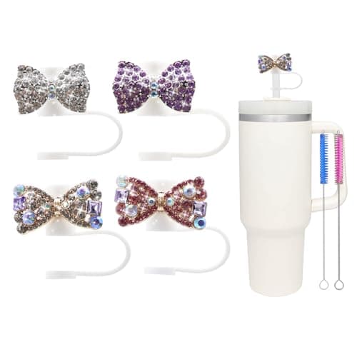 4Pcs 10mm Glitter Bow Straw Cover for Stanley Cup,Dust-Proof Straw Topper for 30&40 oz Tumblers and Water Bottles,Reusable Tumbler Cup Accessories for Stanley,Funny Gifts for Women & Girls