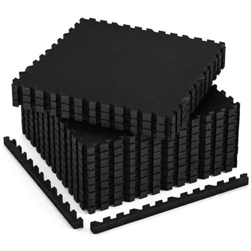 AIRHOP 1'' Ultra-Thick 48 Sq Ft Rubber Top Gym Flooring for Home Gym, 12 Tiles High Density EVA Foam Exercise Mats, Interlocking Puzzle Mats for Home Workout, Floor & Equipment Protection, Black