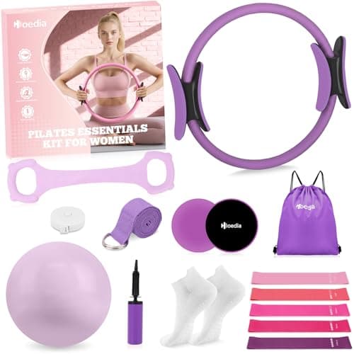 Hoedia Pilates Kit for Women, Pilates Equipment Ring and Ball Set with Resistance Bands, Yoga Strap, Core Sliders, Socks, Bag & Guide for Starter Home Workout Fitness Gym Essentials, Purple