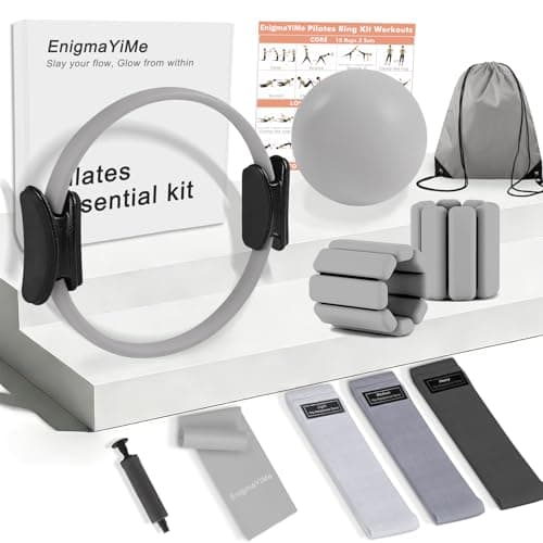 Pilates Ring Kit with Adjustable Ankle Wrist Weights, Resistance Bands, Ball, Pilates Equipment Ball for Home Workout to Tone, Sculpt and Strengthen, Fitness Magic Circle Rings for Yoga Women (Gray)