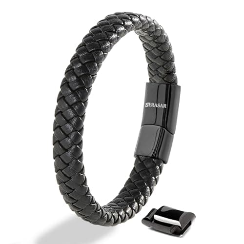 SERASAR Pulsera de cuero negro para hombre 23cm negra Hombres Caja regalo genuino Trenzado Multicapa Abrigo Pulseras masculinas Joyas magnéticas