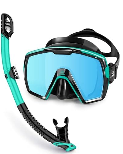 Freela Adult Dry Snorkel Set with Nose Cover for Men Women Youth Scuba Diving Mask with Mirrored Blue Len, Tempered Glass 180° Wide View, Anti Fog No Leak Snorkeling Gear for Breathing Swimming Diving