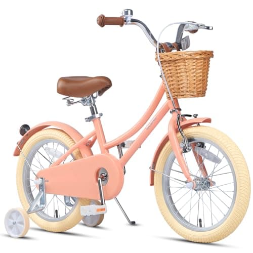 Glerc Little Molly 16 Inch Kids Bike, Retro Cruiser Girls Bike for Children Ages 4-7 Years Old, Kids Bicycle with Wicker Basket & Training Wheels/Kickstand, Peach
