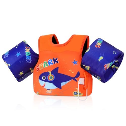 MoKo Toddler Swim Vest for Kids, Arm Floaties for Toddler 20-30-50 lbs, Water Wings with Emergency Whistle, Cute Arm Band Pool Floaties Swim Training Equipment for Pool, Orange Blue Headset Shark