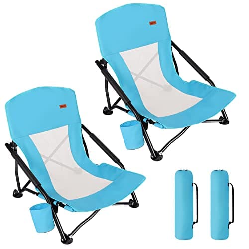 TOBTOS Low Beach Chair for Adults 2 Pack, Low Profile Folding with Cup Holder & Carry Bag, Heavy Duty Chair for Outdoor Sand, Camping, Concert, Travel