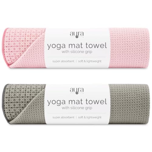 S&T INC. Yoga Mat Towel with Non-Slip Grip, Enhanced Silicone Grip, Soft and Absorbent for Gym, Pilates, and Hot Yoga Mat, 2 Pack, 24 inches x 72 inches, 340GSM, Pink and Grey