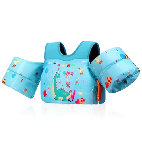 MoKo Toddler Swim Vest - Cute Toddler Floaties with Emergency Whistle for Boys and Girls 13-20-30 lbs Water Wings Arm Band Floaties Swim Training for Beach Pool, Mint Green & Balloon Dinosaur