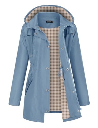 LOMON Women Rain Jacket Waterproof Hooded Jackets Women Printed Lined Trench Coats Outdoor Hiking Raincoat(Gray Blue Plaid Lining S)