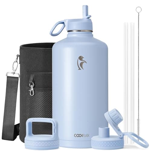 Coolflask 128 oz Gallon Water Bottle Insulated with Straw&3 Lids, Water Jug Large Stainless Steel Metal Vacuum Wide Mouth for Sports, Gym or Office, Non-BPA Keep Cold 48H Hot 24H, Light Blue