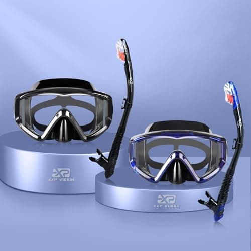 Snorkel Set Pano 3 Window Adult Snorkeling Gear, Professional Snorkel Goggles Anti-Fog Diving Mask, Anti-Leak Swim Goggles and Dry Top Snorkel for Diving, Snorkeling, Swimming (Black+Blue-2 Pack)
