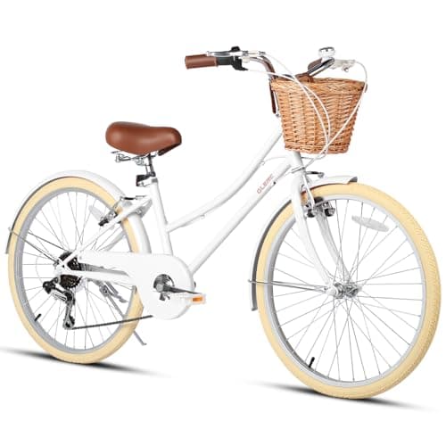 Glerc 24 Inch Beach Cruiser Bike, 6-Speed Hybrid City Bicycle for Girls Youth and Over 6 Years Old, Missy Bike with Wicker Basket & Lightweight, White
